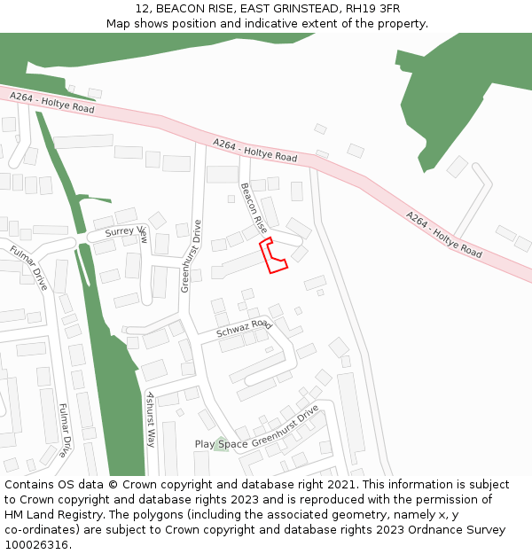 12, BEACON RISE, EAST GRINSTEAD, RH19 3FR: Location map and indicative extent of plot