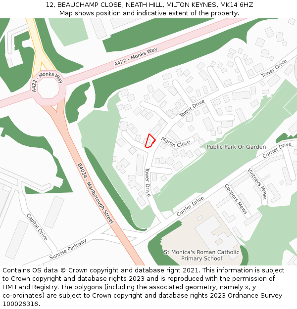 12, BEAUCHAMP CLOSE, NEATH HILL, MILTON KEYNES, MK14 6HZ: Location map and indicative extent of plot