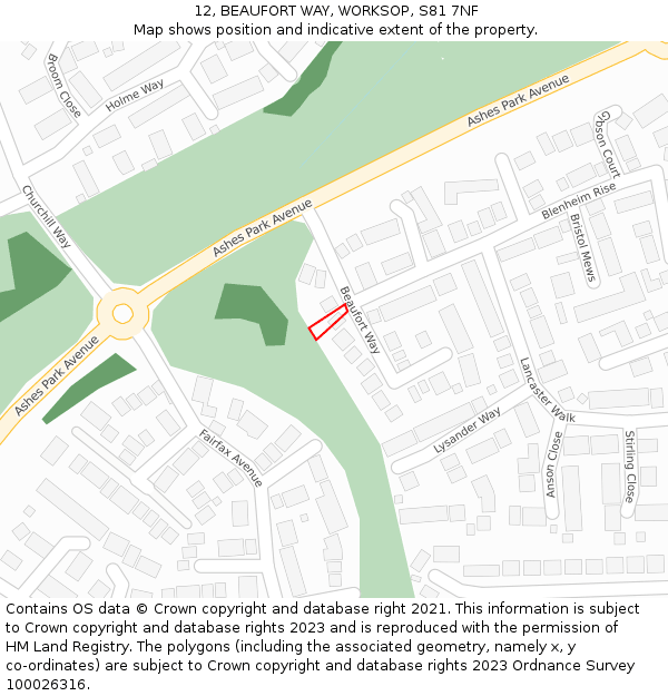 12, BEAUFORT WAY, WORKSOP, S81 7NF: Location map and indicative extent of plot