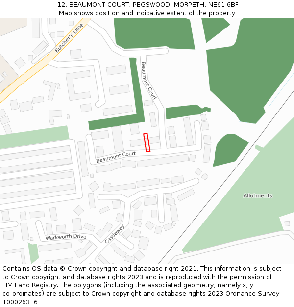 12, BEAUMONT COURT, PEGSWOOD, MORPETH, NE61 6BF: Location map and indicative extent of plot