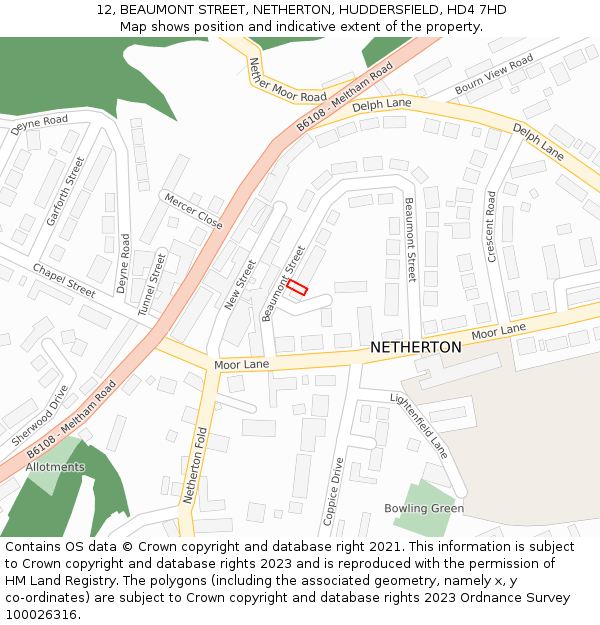 12, BEAUMONT STREET, NETHERTON, HUDDERSFIELD, HD4 7HD: Location map and indicative extent of plot