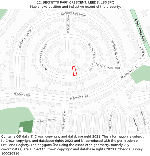 12, BECKETTS PARK CRESCENT, LEEDS, LS6 3PQ: Location map and indicative extent of plot