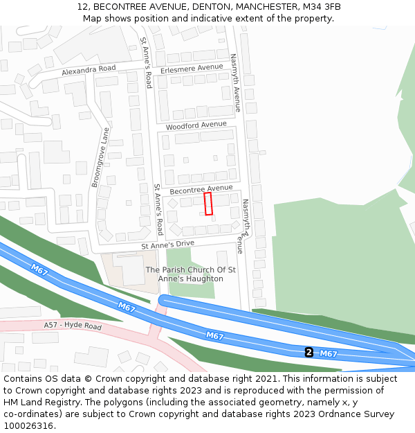 12, BECONTREE AVENUE, DENTON, MANCHESTER, M34 3FB: Location map and indicative extent of plot