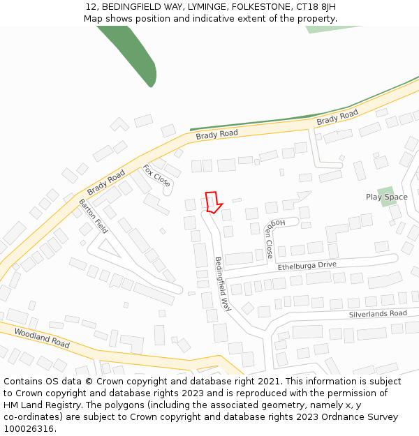 12, BEDINGFIELD WAY, LYMINGE, FOLKESTONE, CT18 8JH: Location map and indicative extent of plot