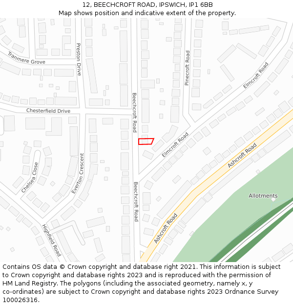 12, BEECHCROFT ROAD, IPSWICH, IP1 6BB: Location map and indicative extent of plot