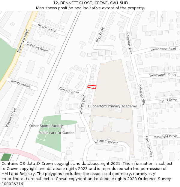 12, BENNETT CLOSE, CREWE, CW1 5HB: Location map and indicative extent of plot
