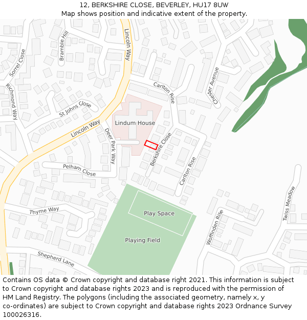 12, BERKSHIRE CLOSE, BEVERLEY, HU17 8UW: Location map and indicative extent of plot