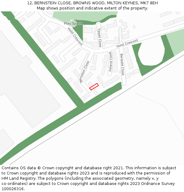 12, BERNSTEIN CLOSE, BROWNS WOOD, MILTON KEYNES, MK7 8EH: Location map and indicative extent of plot