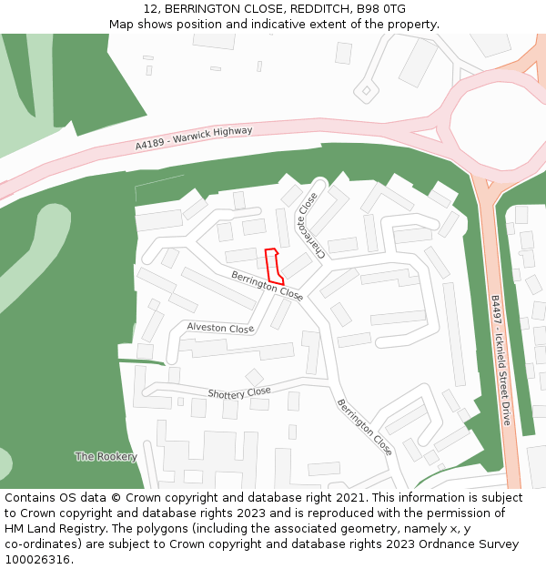 12, BERRINGTON CLOSE, REDDITCH, B98 0TG: Location map and indicative extent of plot