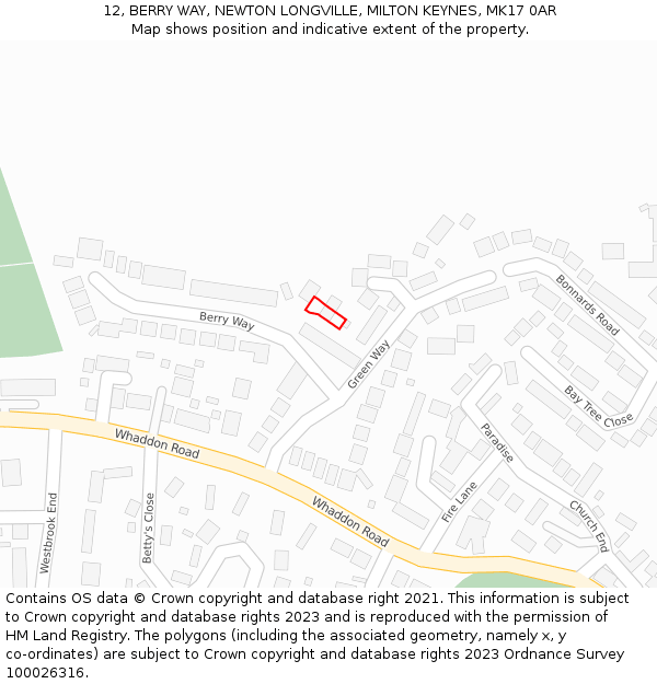 12, BERRY WAY, NEWTON LONGVILLE, MILTON KEYNES, MK17 0AR: Location map and indicative extent of plot