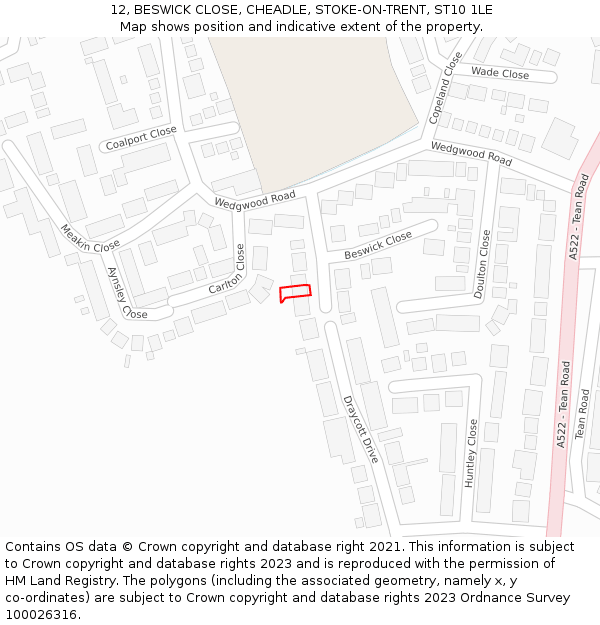 12, BESWICK CLOSE, CHEADLE, STOKE-ON-TRENT, ST10 1LE: Location map and indicative extent of plot