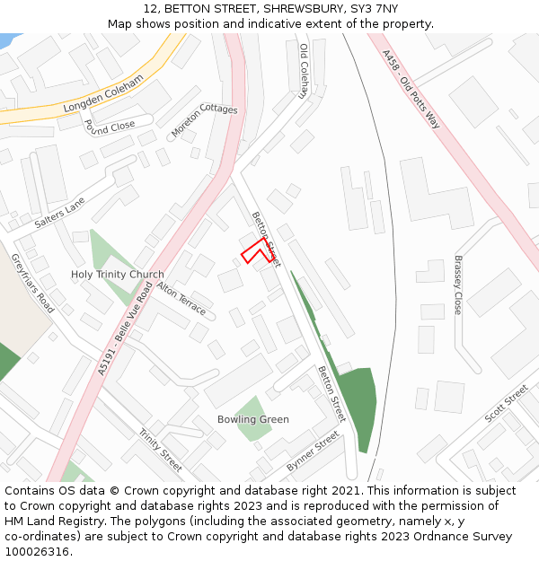 12, BETTON STREET, SHREWSBURY, SY3 7NY: Location map and indicative extent of plot