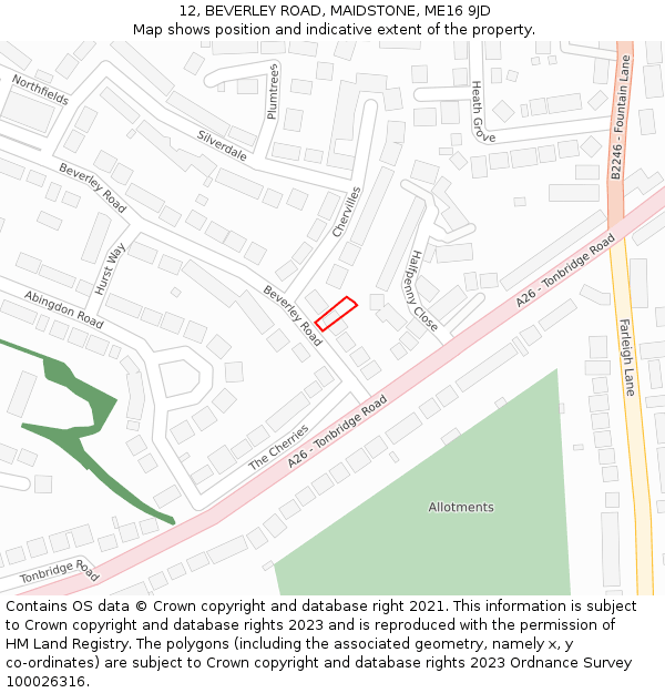 12, BEVERLEY ROAD, MAIDSTONE, ME16 9JD: Location map and indicative extent of plot