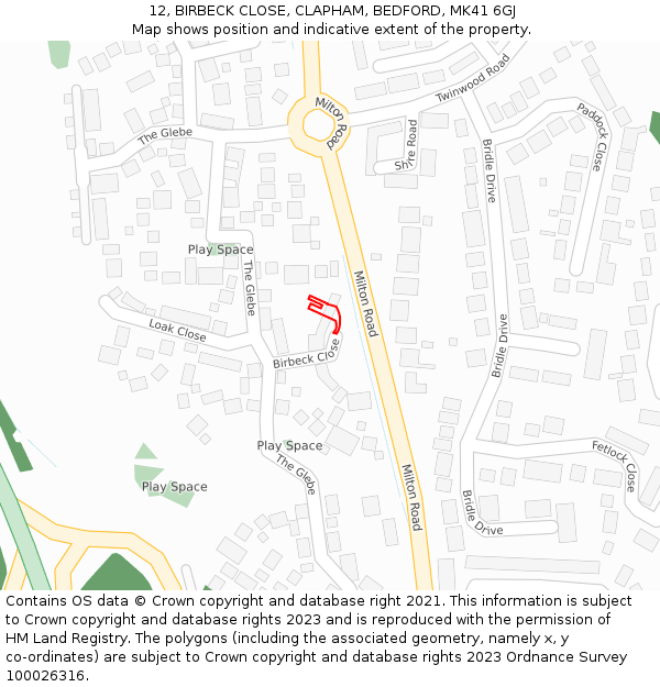 12, BIRBECK CLOSE, CLAPHAM, BEDFORD, MK41 6GJ: Location map and indicative extent of plot