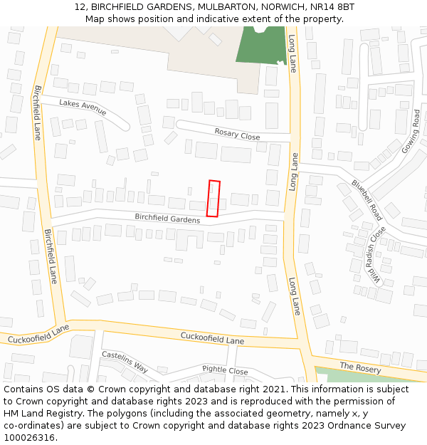 12, BIRCHFIELD GARDENS, MULBARTON, NORWICH, NR14 8BT: Location map and indicative extent of plot
