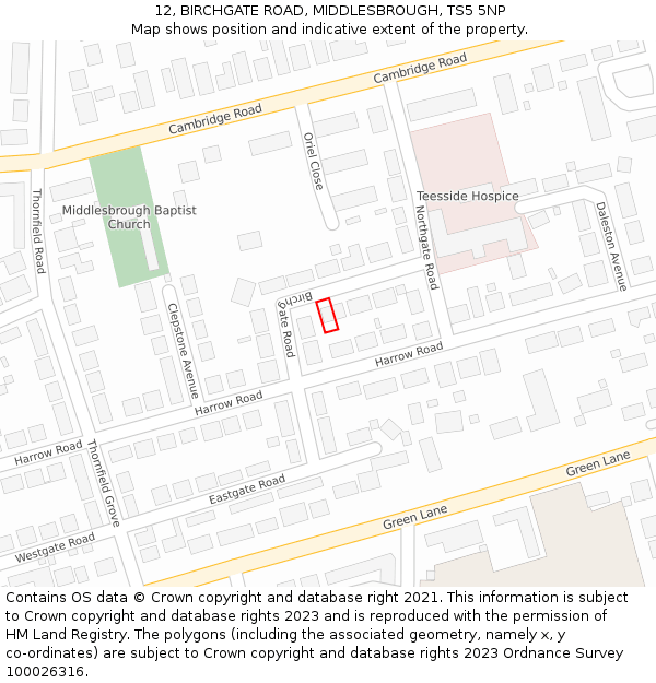 12, BIRCHGATE ROAD, MIDDLESBROUGH, TS5 5NP: Location map and indicative extent of plot