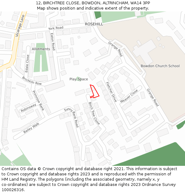 12, BIRCHTREE CLOSE, BOWDON, ALTRINCHAM, WA14 3PP: Location map and indicative extent of plot