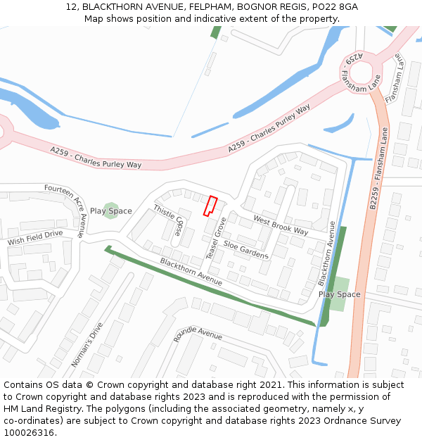 12, BLACKTHORN AVENUE, FELPHAM, BOGNOR REGIS, PO22 8GA: Location map and indicative extent of plot