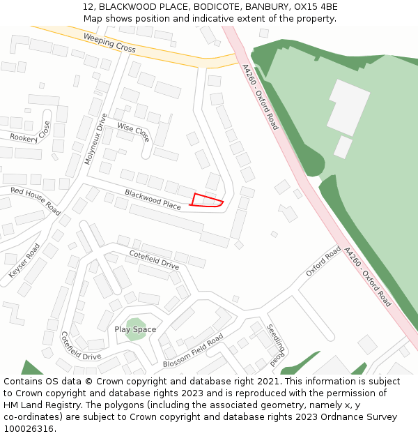 12, BLACKWOOD PLACE, BODICOTE, BANBURY, OX15 4BE: Location map and indicative extent of plot