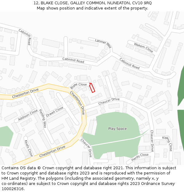 12, BLAKE CLOSE, GALLEY COMMON, NUNEATON, CV10 9RQ: Location map and indicative extent of plot