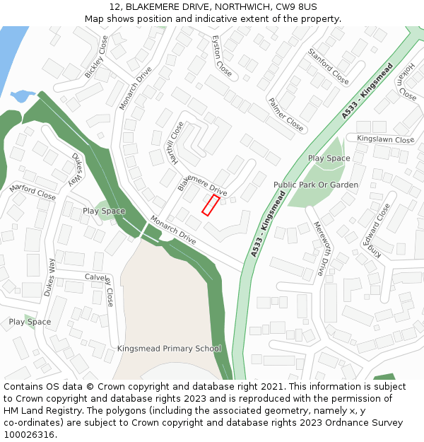 12, BLAKEMERE DRIVE, NORTHWICH, CW9 8US: Location map and indicative extent of plot
