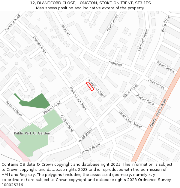 12, BLANDFORD CLOSE, LONGTON, STOKE-ON-TRENT, ST3 1ES: Location map and indicative extent of plot