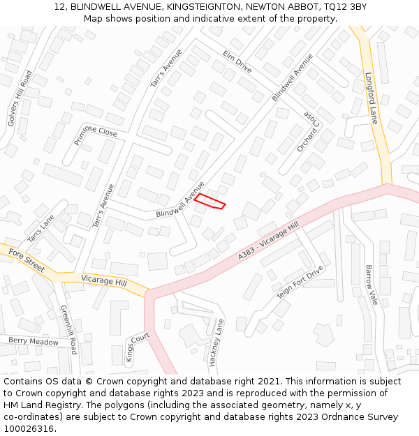 12, BLINDWELL AVENUE, KINGSTEIGNTON, NEWTON ABBOT, TQ12 3BY: Location map and indicative extent of plot