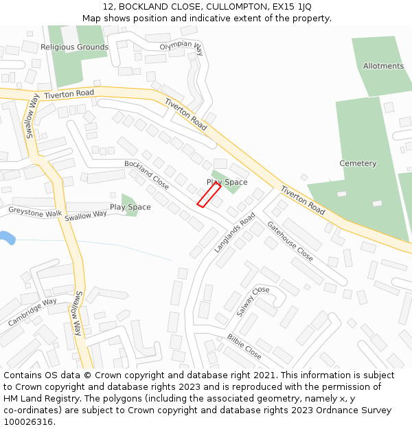 12, BOCKLAND CLOSE, CULLOMPTON, EX15 1JQ: Location map and indicative extent of plot