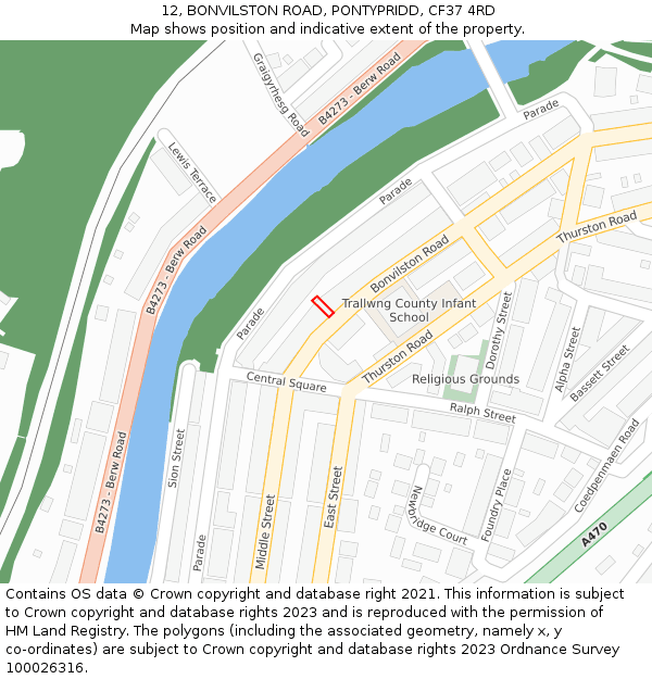 12, BONVILSTON ROAD, PONTYPRIDD, CF37 4RD: Location map and indicative extent of plot