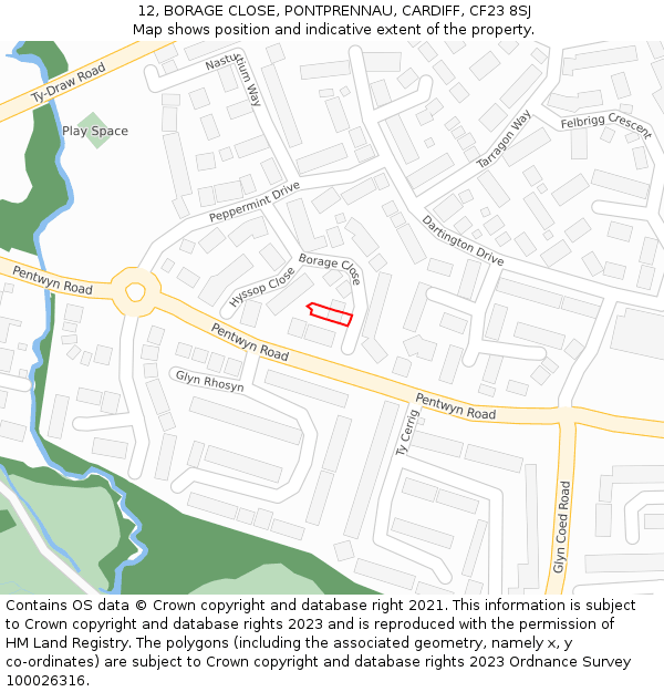 12, BORAGE CLOSE, PONTPRENNAU, CARDIFF, CF23 8SJ: Location map and indicative extent of plot