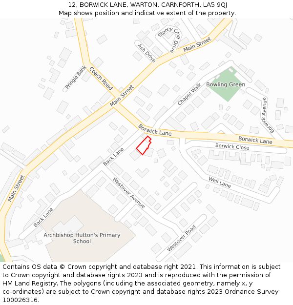 12, BORWICK LANE, WARTON, CARNFORTH, LA5 9QJ: Location map and indicative extent of plot