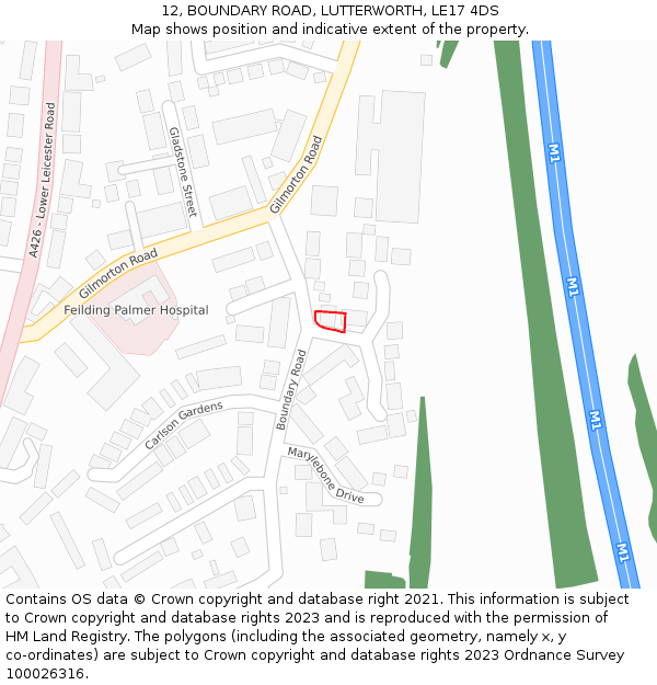 12, BOUNDARY ROAD, LUTTERWORTH, LE17 4DS: Location map and indicative extent of plot