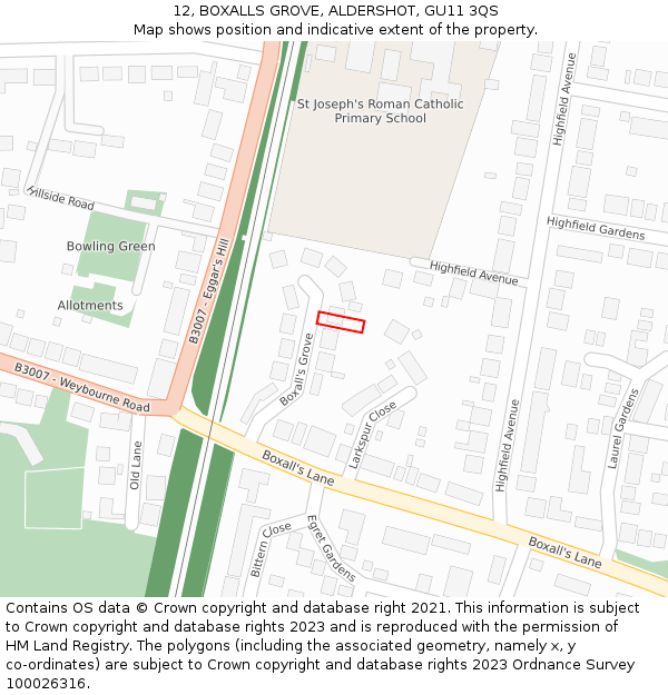 12, BOXALLS GROVE, ALDERSHOT, GU11 3QS: Location map and indicative extent of plot
