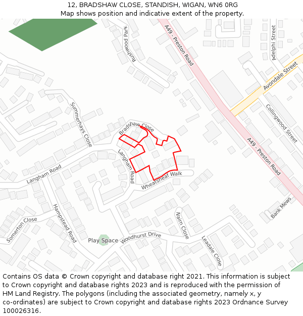 12, BRADSHAW CLOSE, STANDISH, WIGAN, WN6 0RG: Location map and indicative extent of plot