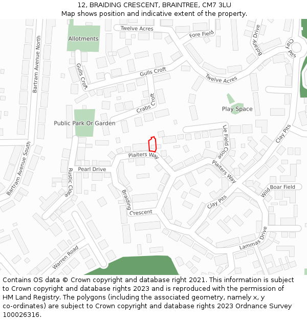 12, BRAIDING CRESCENT, BRAINTREE, CM7 3LU: Location map and indicative extent of plot