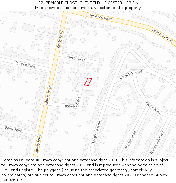 12, BRAMBLE CLOSE, GLENFIELD, LEICESTER, LE3 8JN: Location map and indicative extent of plot