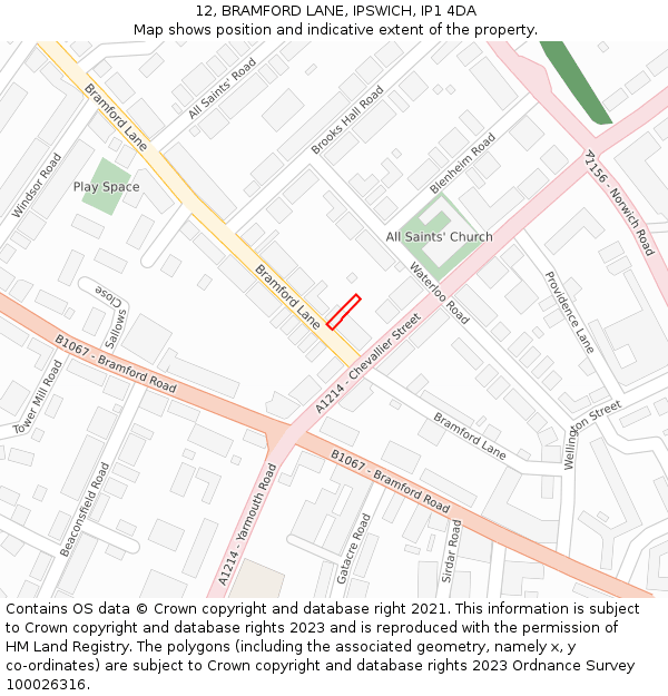 12, BRAMFORD LANE, IPSWICH, IP1 4DA: Location map and indicative extent of plot