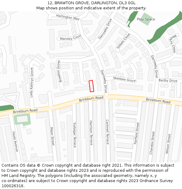 12, BRAWTON GROVE, DARLINGTON, DL3 0GL: Location map and indicative extent of plot