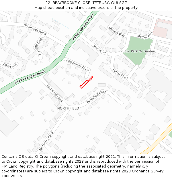 12, BRAYBROOKE CLOSE, TETBURY, GL8 8GZ: Location map and indicative extent of plot