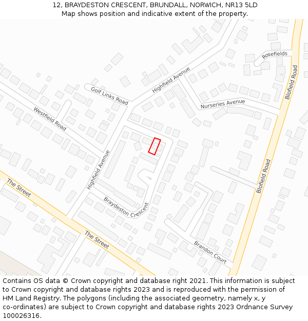 12, BRAYDESTON CRESCENT, BRUNDALL, NORWICH, NR13 5LD: Location map and indicative extent of plot