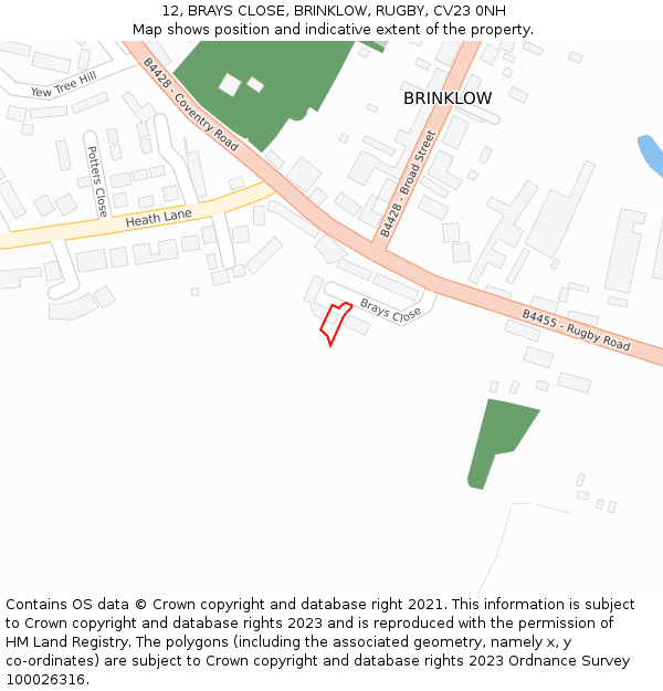 12, BRAYS CLOSE, BRINKLOW, RUGBY, CV23 0NH: Location map and indicative extent of plot