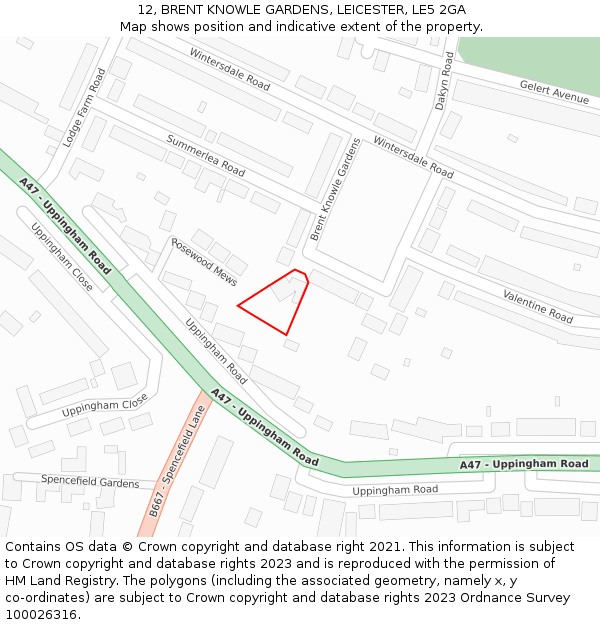 12, BRENT KNOWLE GARDENS, LEICESTER, LE5 2GA: Location map and indicative extent of plot