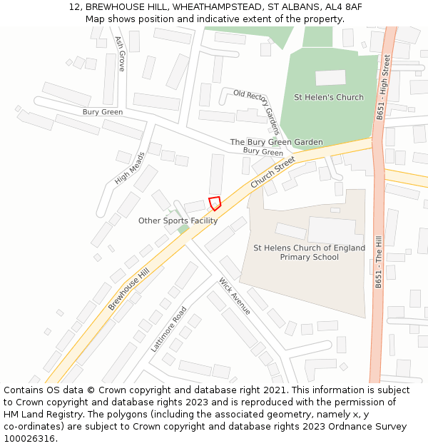 12, BREWHOUSE HILL, WHEATHAMPSTEAD, ST ALBANS, AL4 8AF: Location map and indicative extent of plot