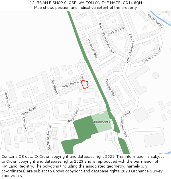 12, BRIAN BISHOP CLOSE, WALTON ON THE NAZE, CO14 8QH: Location map and indicative extent of plot