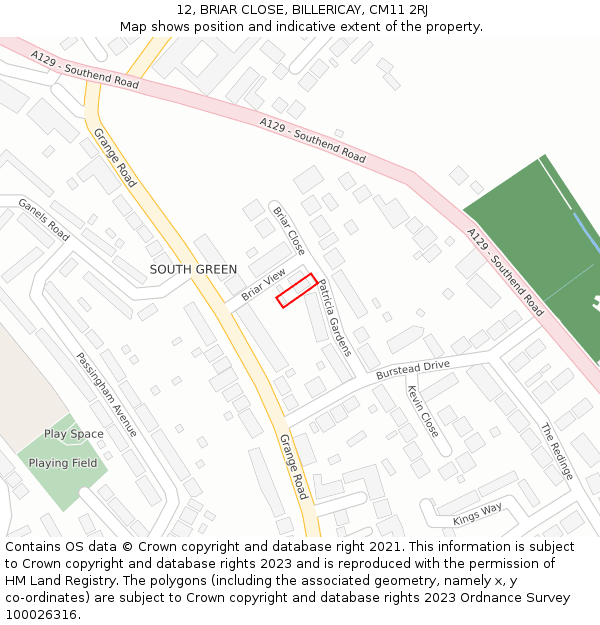 12, BRIAR CLOSE, BILLERICAY, CM11 2RJ: Location map and indicative extent of plot