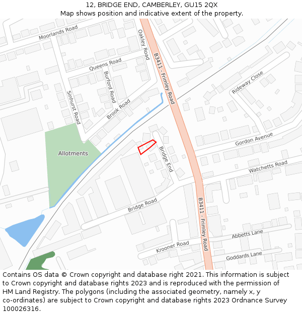 12, BRIDGE END, CAMBERLEY, GU15 2QX: Location map and indicative extent of plot
