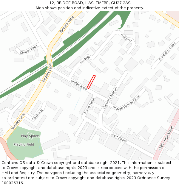 12, BRIDGE ROAD, HASLEMERE, GU27 2AS: Location map and indicative extent of plot