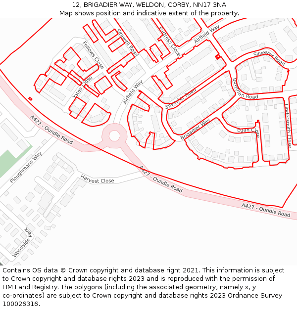 12, BRIGADIER WAY, WELDON, CORBY, NN17 3NA: Location map and indicative extent of plot