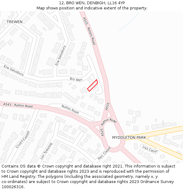 12, BRO WEN, DENBIGH, LL16 4YP: Location map and indicative extent of plot
