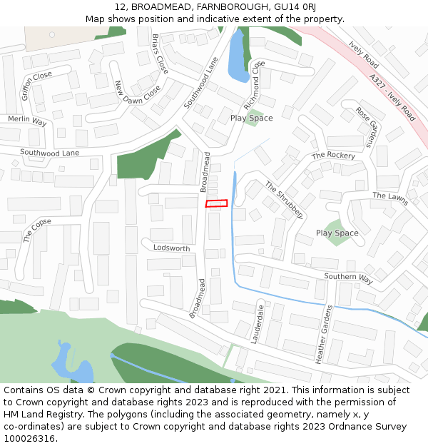 12, BROADMEAD, FARNBOROUGH, GU14 0RJ: Location map and indicative extent of plot